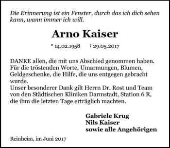 Traueranzeige von Arno Kaiser von Trauerportal Echo Online