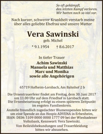Traueranzeige von Vera Sawinski von Trauerportal Rhein Main Presse
