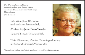Traueranzeige von Trude  von Trauerportal Rhein Main Presse
