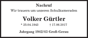 Traueranzeige von Volker Gürtler von Trauerportal Echo Online