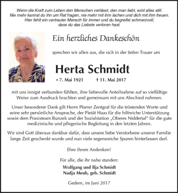 Traueranzeige von Herta Schmidt von  Kreisanzeiger