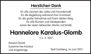 Traueranzeige von Hannelore Karalus-Glomb von  Camberger Anzeiger