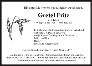 Traueranzeige von Gretel Fritz von  Usinger Anzeiger
