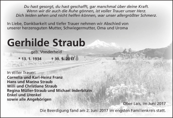 Traueranzeige von Gerhilde Straub von  Kreisanzeiger