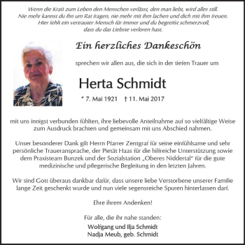 Traueranzeige von Herta Schmidt von  Kreisanzeiger