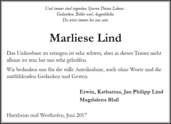 Traueranzeige von Marliese Lind von Trauerportal Rhein Main Presse