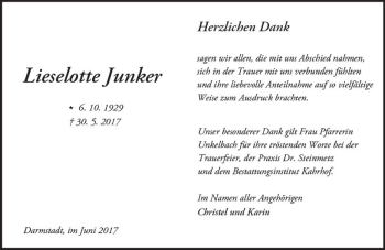 Traueranzeige von Lieselotte Junker von Trauerportal Echo Online