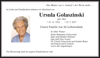 Traueranzeige von Ursula Golaszinski von  Gießener Anzeiger