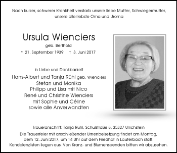 Traueranzeige von Ursula Wienciers von VRM Trauer