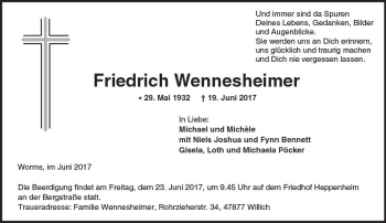Traueranzeige von Friedrich Wennesheimer von Trauerportal Echo Online