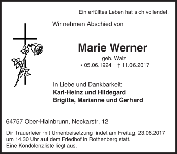 Traueranzeige von Marie Werner von Trauerportal Echo Online