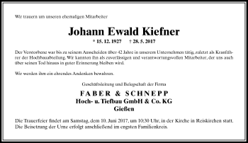 Traueranzeige von Johan Ewald Kiefner von  Gießener Anzeiger