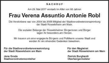 Traueranzeige von Verena Assuntio Antonie Robl von Trauerportal Rhein Main Presse