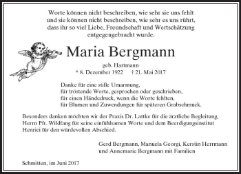 Traueranzeige von Maria Bergmann von  Usinger Anzeiger