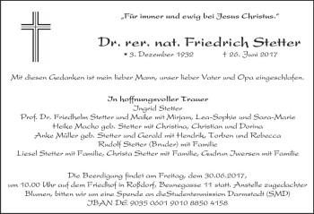 Traueranzeige von Friedrich Stetter von Trauerportal Echo Online