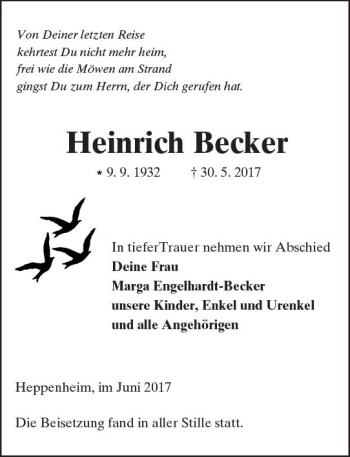 Traueranzeige von Heinrich Becker von Trauerportal Echo Online