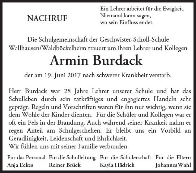 Traueranzeige für Armin Burdack vom 28.06.2017 aus Trauerportal Rhein Main Presse