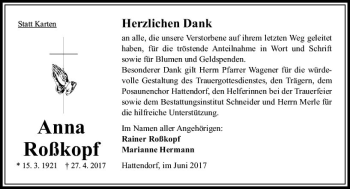 Traueranzeige von Anna Roßkopf von VRM Trauer