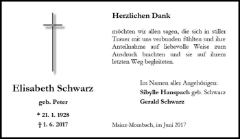 Traueranzeige von Elisabeth Schwarz von Trauerportal Rhein Main Presse