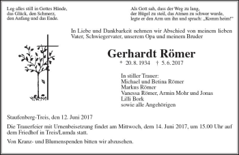 Traueranzeige von Gerhardt Römer von  Gießener Anzeiger