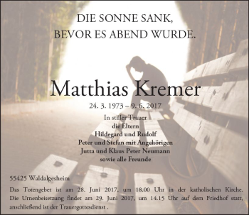 Traueranzeige von Matthias Kremer von Trauerportal Rhein Main Presse