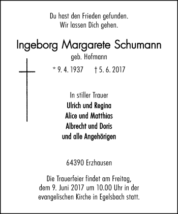Traueranzeige von Ingeborg Margarete Schumann von Trauerportal Echo Online