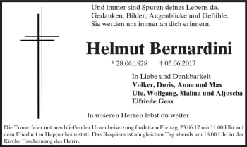Traueranzeige von Helmut Bernardini von Trauerportal Rhein Main Presse