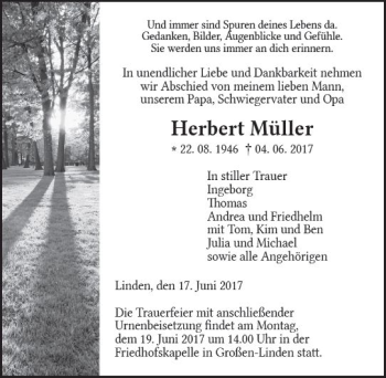 Traueranzeige von Herbert Müller von  Gießener Anzeiger