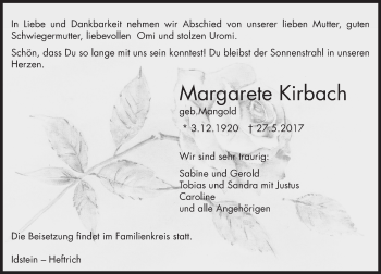 Traueranzeige von Margarete Kirbach von Trauerportal Rhein Main Presse