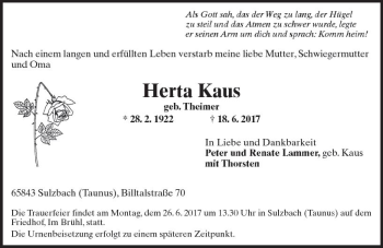 Traueranzeige von Herta Kaus von Trauerportal Rhein Main Presse