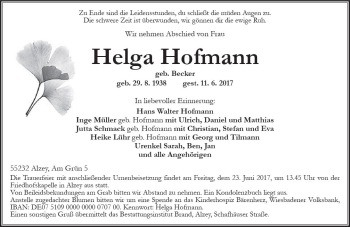 Traueranzeige von Helga Hofmann von Trauerportal Rhein Main Presse