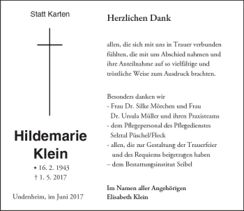 Traueranzeige von Hildemarie Klein von Trauerportal Rhein Main Presse