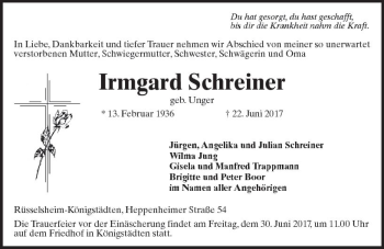 Traueranzeige von Irmgard Schreiner von Trauerportal Rhein Main Presse