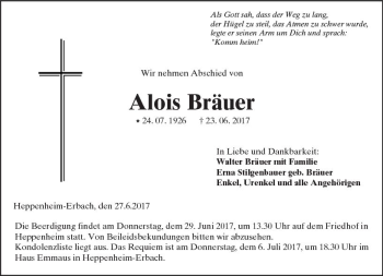Traueranzeige von Alois Bräuer von Trauerportal Echo Online