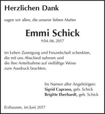 Traueranzeige von Emmi Schick von Trauerportal Echo Online