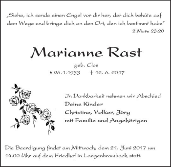 Traueranzeige von Marianne Rast von Trauerportal Echo Online
