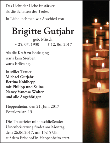 Traueranzeige von Brigitte Gutjahr von Trauerportal Echo Online