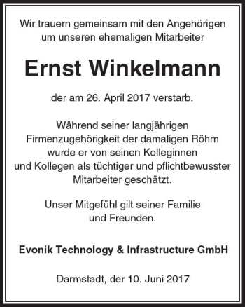 Traueranzeige von Ernst Winkelmann von Trauerportal Echo Online