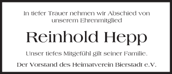 Traueranzeige von Reinhold Hepp von Trauerportal Rhein Main Presse