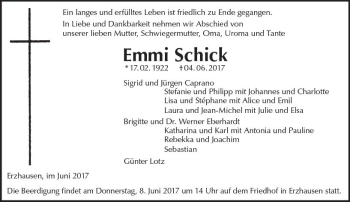 Traueranzeige von Emmi Schick von Trauerportal Echo Online
