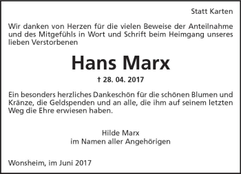 Traueranzeige von Hans Marx von Trauerportal Rhein Main Presse