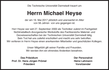 Traueranzeige von Michael Heyse von Trauerportal Echo Online