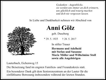 Traueranzeige von Anni Gölz von VRM Trauer