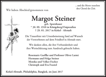 Traueranzeige von Margot Steiner von Trauerportal Rhein Main Presse