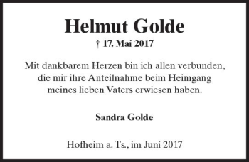 Traueranzeige von Helmut Golde von Trauerportal Rhein Main Presse