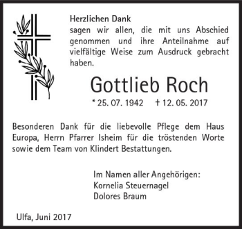 Traueranzeige von Gottlieb Roch von  Kreisanzeiger