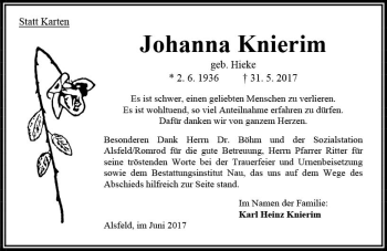 Traueranzeige von Johanna Knierim von VRM Trauer