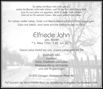 Traueranzeige von Elfriede Jahn von  Usinger Anzeiger