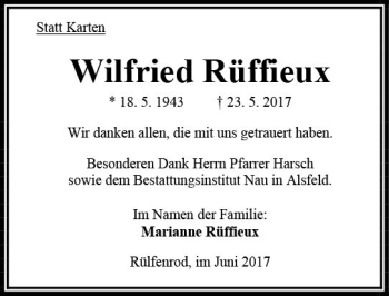 Traueranzeige von Wilfried Rüffieux von VRM Trauer