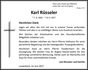 Traueranzeige von Karl Rüsseler von VRM Trauer